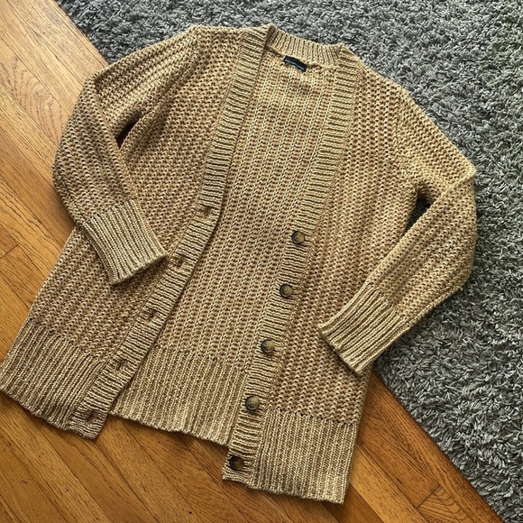 MODA International Gold Metallic Thick Long Sleeve Button Down Cardigan Sweater - Picture 2 of 11